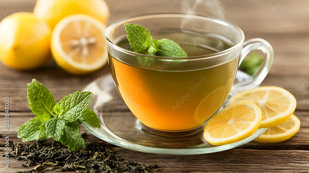 A warm cup of green tea with fresh mint leaves and lemon slices on a rustic wooden table A warm cup of green tea with fresh mint leaves and lemon slices on a rustic wooden table