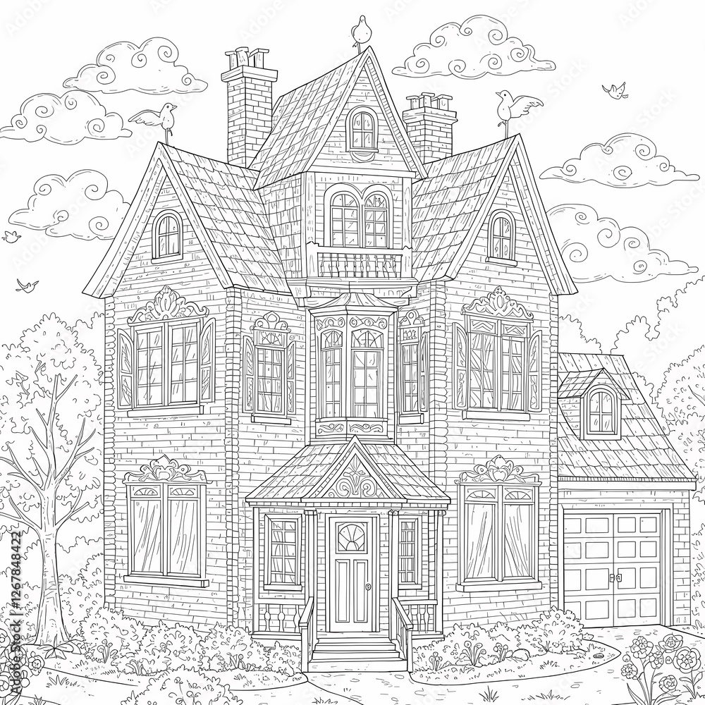 Detailed House & Home Building Design Coloring Book: Outline Sketch Doodle Illustrations with Page Drawing Elements