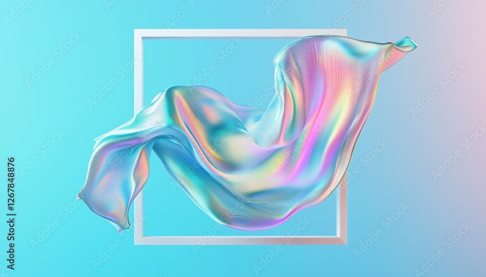 Fototapeta premium Artistic Wallpaper Design Featuring Iridescent Holographic Foil On Blue Background With Folded Cloth Falling And Copy Space