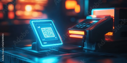 Futuristic Neon-Lit Point of Sale System with QR Code Display: Cyberpunk Retail Technology