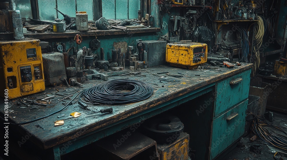 Dusty workshop workbench, tools, cable, cluttered background, repair Dusty workshop workbench, tools, cable, cluttered background, repair
