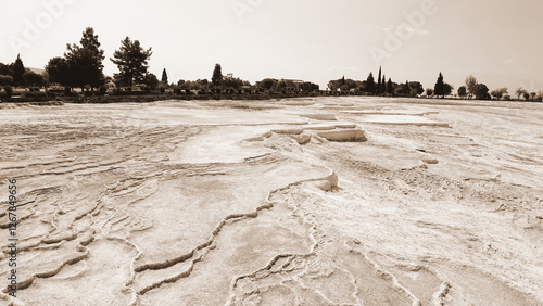 Foto Terraced Limestone Pools Natural Landscape Wide Angle Sepia Tone