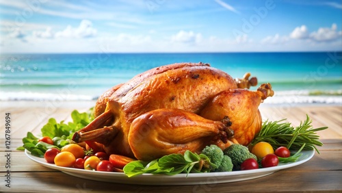 Fototapeta Naklejka Na Ścianę i Meble -  Roasted chicken with vegetables near beach.