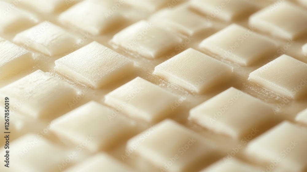Close-up of a smooth, creamy dessert with a square-patterned surface, evoking a sense of indulgence and freshness. Close-up of a smooth, creamy dessert with a square-patterned surface, evoking a sense of indulgence and freshness.