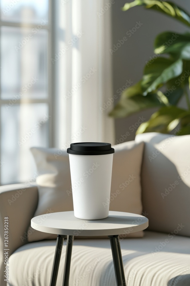 Contemporary design of a reusable coffee cup resting on a small table in a sleek, modern interior with ample natural light