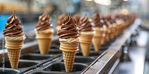 Ice Cream Production Line with Chocolate Swirl Cones in a Factory Setting
