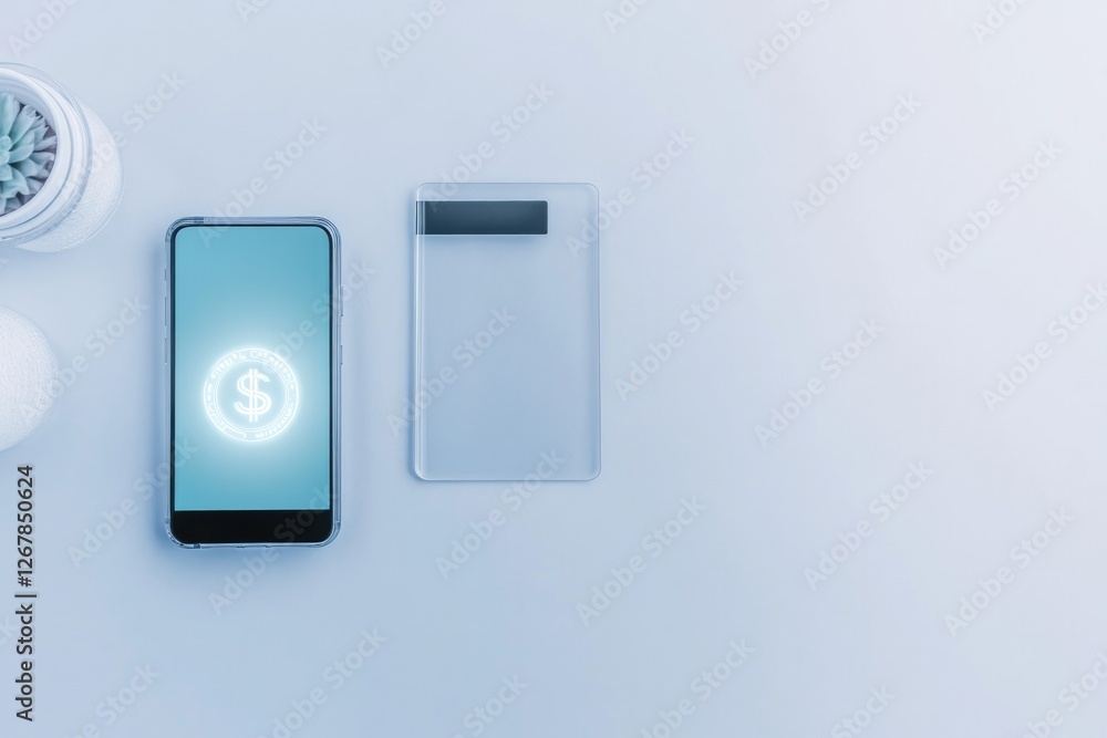 creative flat lay featuring transparent credit card glowing smartphone and futuristic holographic currency symbols creative flat lay featuring transparent credit card glowing smartphone and futuristic holographic currency symbols