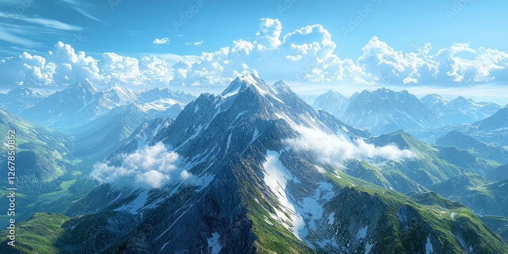 Obraz premium A breathtaking mountain range with a prominent snow-covered peak, surrounded by lush green valleys and scattered clouds in the sky