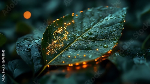 A symbolic image of sustainability and progress featuring a bright green leaf with embedded circuits