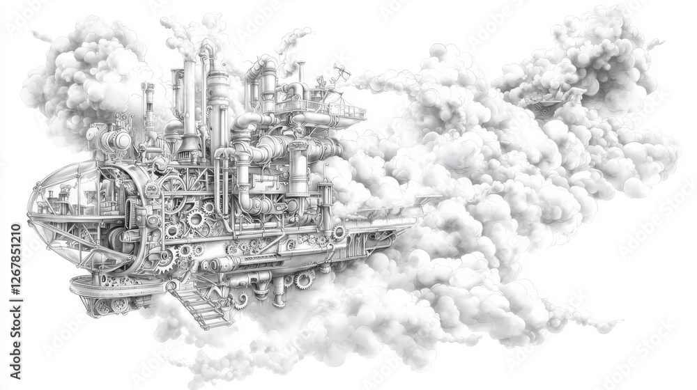 Fototapeta premium Industrial airship, steampunk, factory, smoke, flying machine