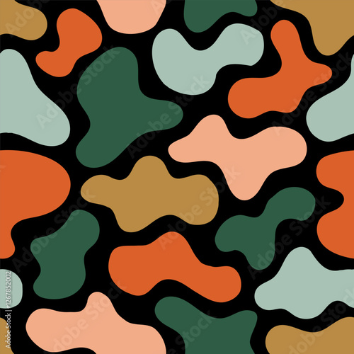 Cartoon fun kid seamless pattern with multicolor clouds. Liquid amoeba shaped forms. Colorful freeform blotches, organic shapes. Groovy childish design for cover, poster, banner, wallpaper, wrapping.