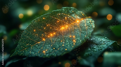 A representation of digital nature blending the beauty of a green leaf with bright technological circuits