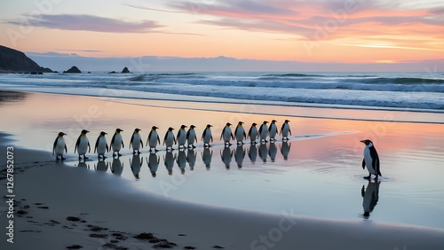 The quiet moments of penguins walking on the beach