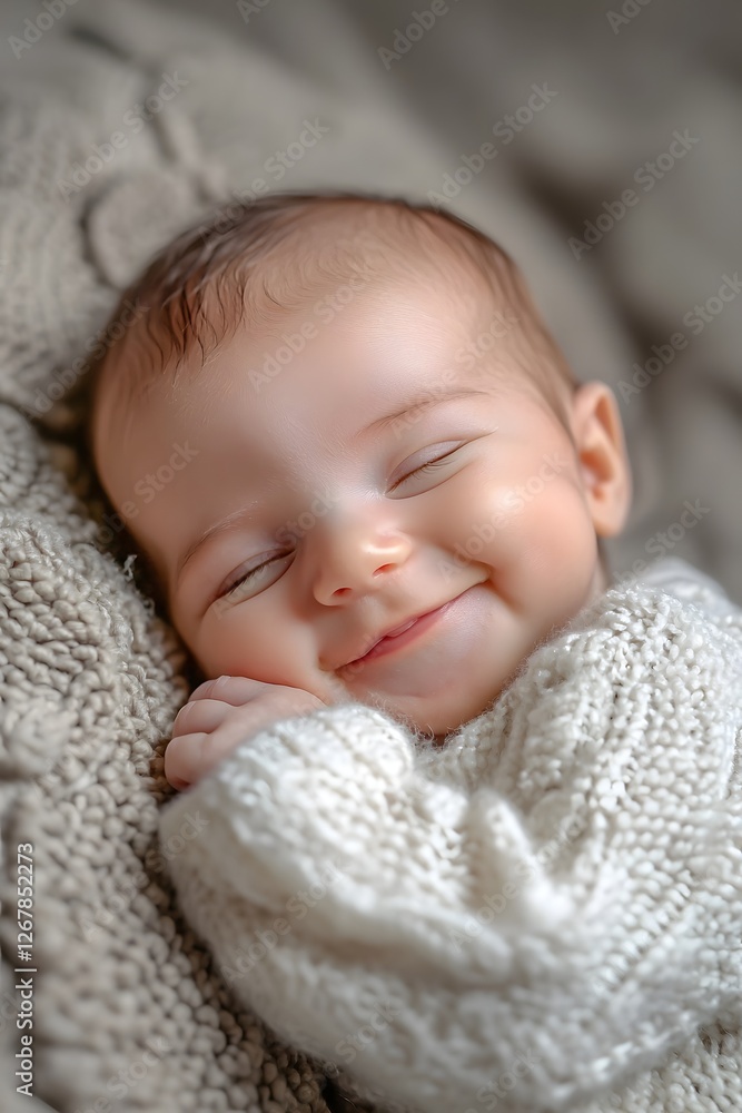 Newborn Baby Giving Their First Big Joyful Smile with Soft Natural Lighting Newborn Baby Giving Their First Big Joyful Smile with Soft Natural Lighting