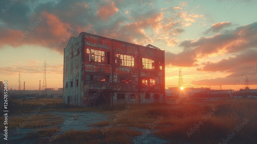 Obraz premium abandoned industrial building at sunset exterior view of factory ruins broken wall rusty facade vintage architecture derelict construction empty structure urban decay grunge