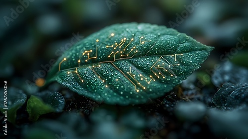 A surreal representation of sustainable innovation illustrated through a fresh green leaf with digital circuits
