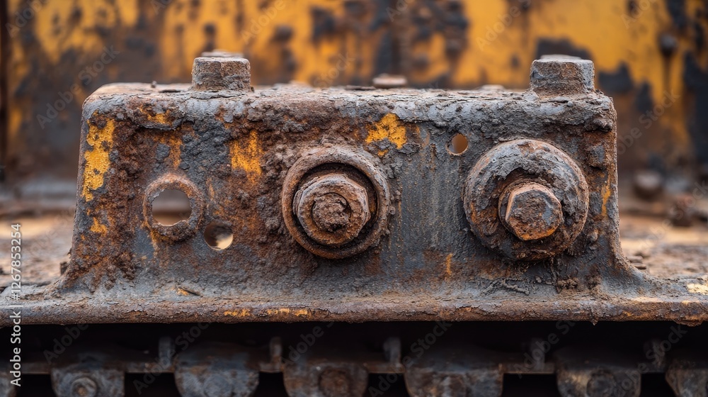 Close-up of rusty metallic components showcasing corrosion and wear on a yellow industrial machine, highlighting years of use and exposure. Close-up of rusty metallic components showcasing corrosion and wear on a yellow industrial machine, highlighting years of use and exposure.