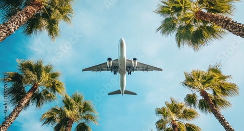 An airplane flying over the blue sky and palm trees, a white plane in flight against a clear summer background with copy space, a travel concept.