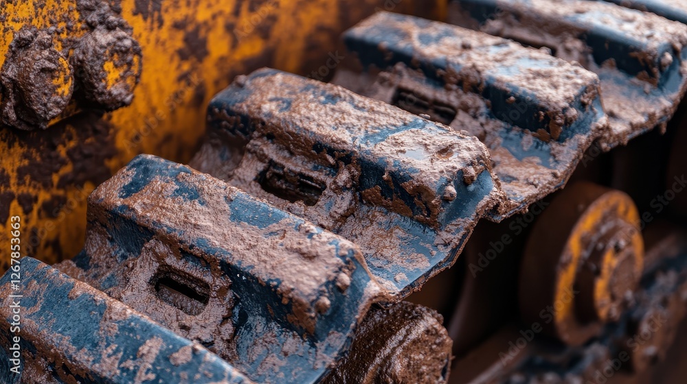 Close-up view of muddy tracked machinery in an industrial setting, showcasing weathered metal parts and a rugged texture. Close-up view of muddy tracked machinery in an industrial setting, showcasing weathered metal parts and a rugged texture.