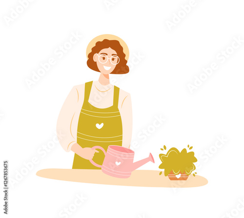 Smiling young woman watering plant pot. Hand drawn flat cartoon vector character isolated on white background. Female gardener in apron. Gardening and plant lover concept