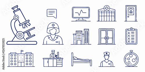 Hospital outline icon set. Collection of vaccination, doctor, x-ray and more. Vector illustration. Editable stroke.