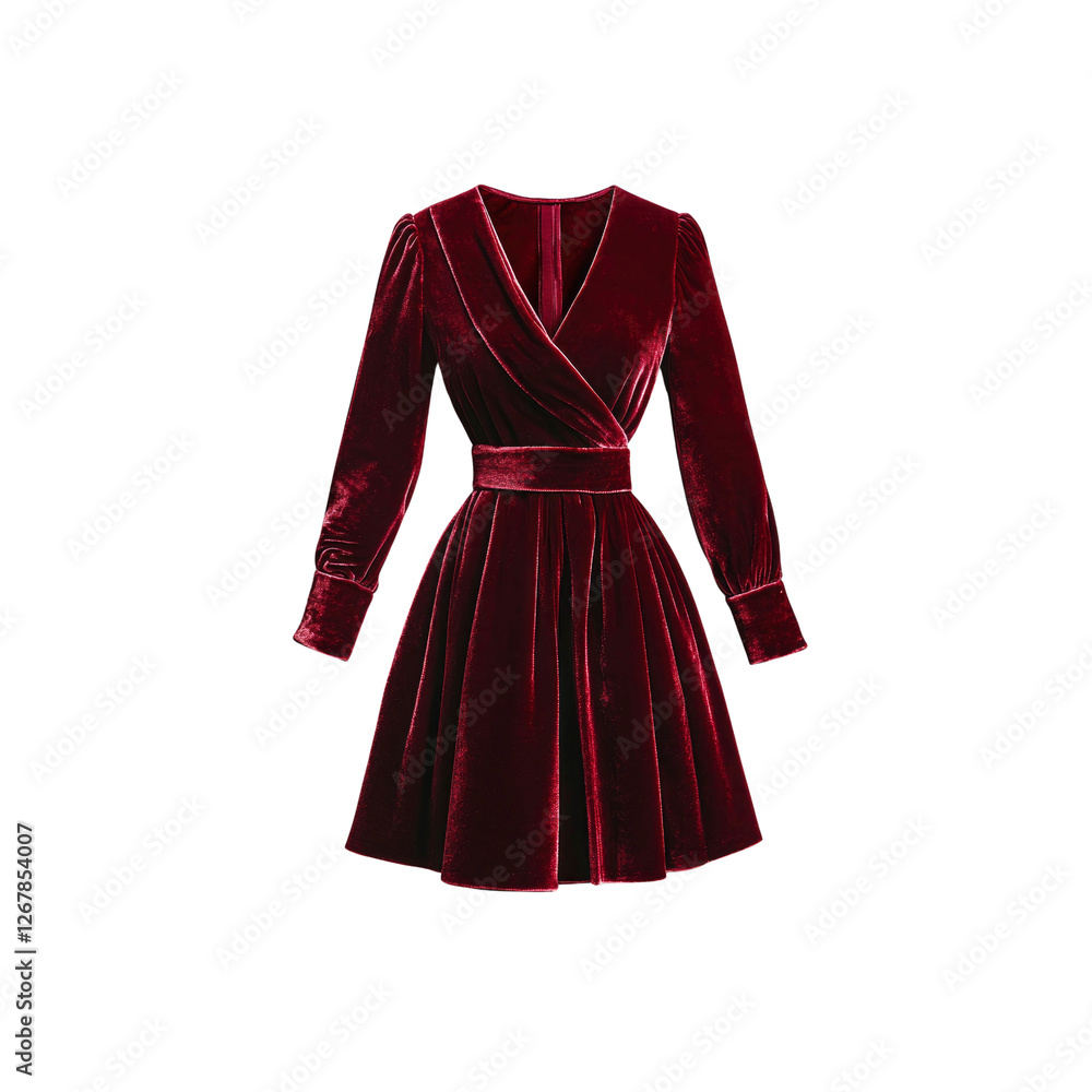 Elegant Maroon Velvet Wrap Dress, Long Sleeves, A-Line Silhouette