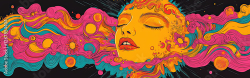 A vibrant 1970s psychedelic poster with wavy, groovy lines in bright orange, pink, and yellow. The design features a retro-styled sun with a face, surrounded by swirling clouds