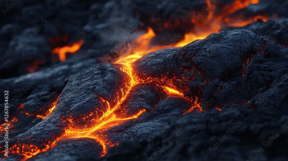Close-up view of molten lava flowing over hardened volcanic rock, showcasing vibrant orange hues contrasted with dark, jagged surfaces. Close-up view of molten lava flowing over hardened volcanic rock, showcasing vibrant orange hues contrasted with dark, jagged surfaces.