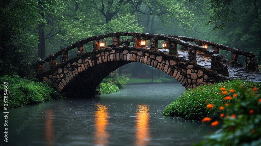 Rainy day stone bridge, park, tranquil scene, travel poster Rainy day stone bridge, park, tranquil scene, travel poster