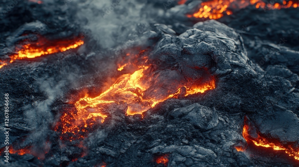 A close-up view of glowing lava flows on a rugged volcanic surface, showcasing molten rock and steam amidst the dark volcanic landscape. A close-up view of glowing lava flows on a rugged volcanic surface, showcasing molten rock and steam amidst the dark volcanic landscape.