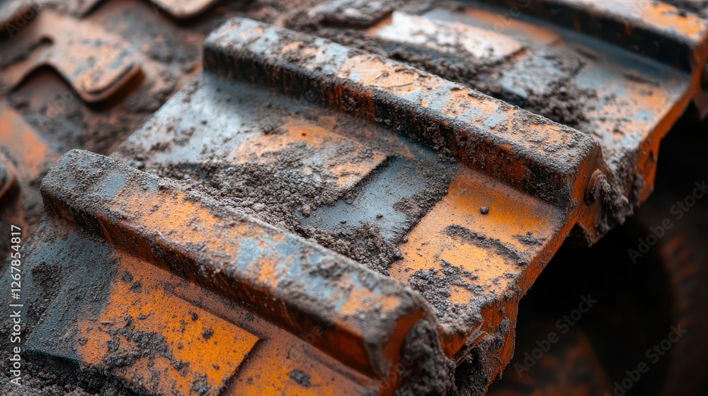 Close-up of a muddy, heavy machinery tire tread with orange and blue paint, conveying a rugged industrial vibe. Close-up of a muddy, heavy machinery tire tread with orange and blue paint, conveying a rugged industrial vibe.