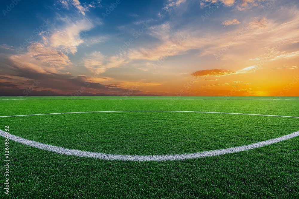 Obraz premium Soccer field with vibrant green grass at sunset. Warm golden light casts long shadows on the football pitch. A stadium in the background, creating a scenic view of sports and nature. 