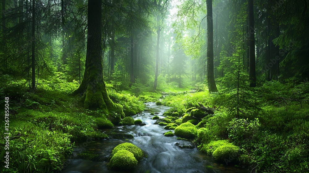 Obraz premium Misty Forest Stream, Sunlight Peeking Through Trees