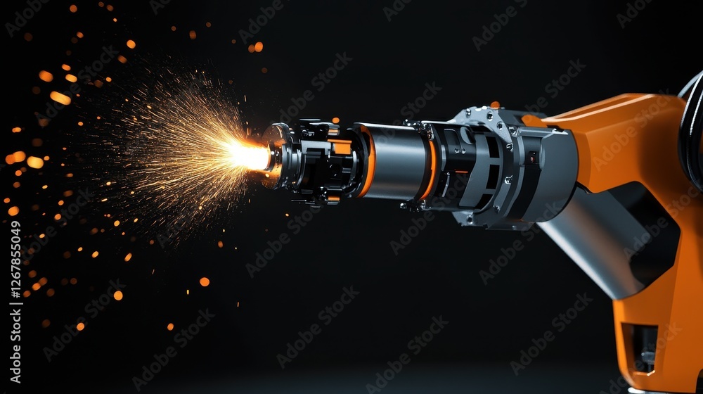 A close-up of an industrial robotic arm emitting sparks during a welding process, showcasing advanced technology and precision engineering. A close-up of an industrial robotic arm emitting sparks during a welding process, showcasing advanced technology and precision engineering.