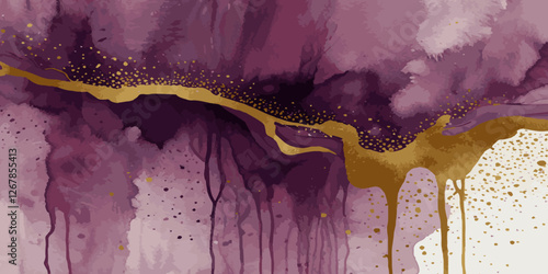 Abstract watercolor mauve liquid with gold glitter line brush strokes gold foil grunge texture white background.