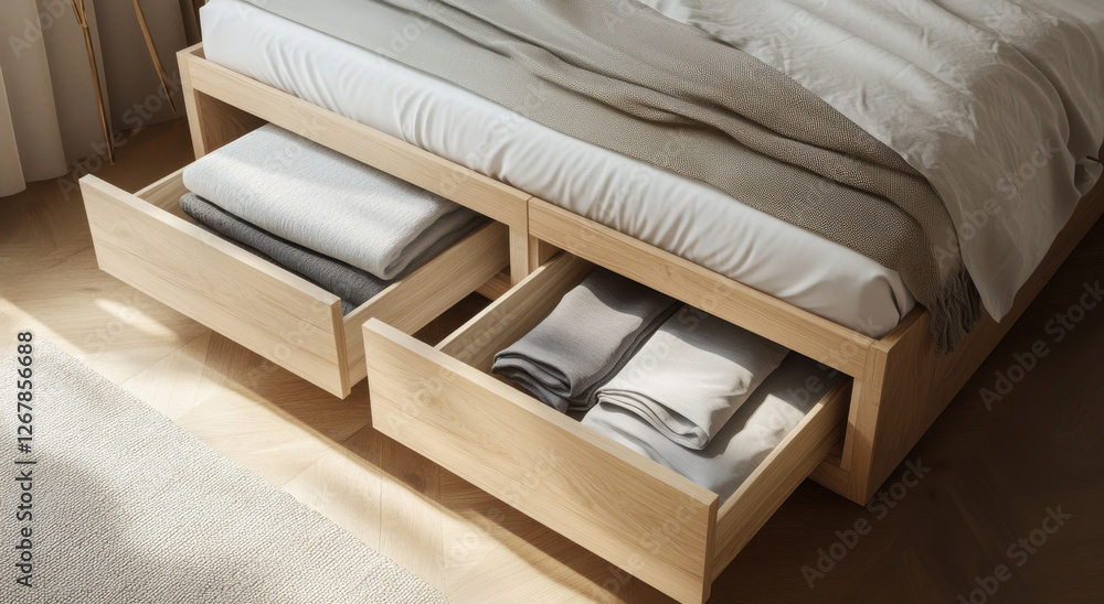 Stylish under-bed storage drawers display neatly folded blankets and linens in a well-lit bedroom, promoting an organized living space Stylish under-bed storage drawers display neatly folded blankets and linens in a well-lit bedroom, promoting an organized living space