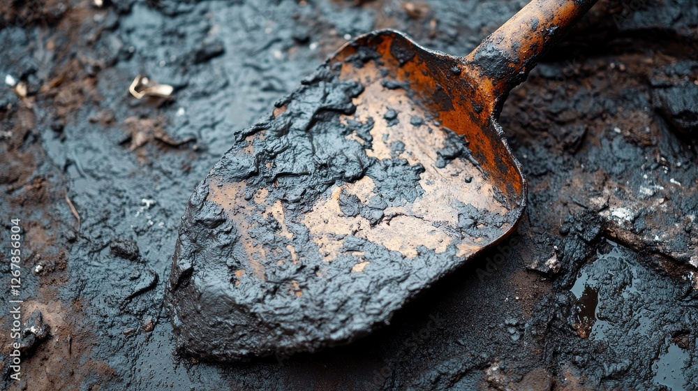 Fototapeta premium A weathered metal shovel rests on muddy ground, showcasing a mix of black sludge and earth, highlighting the tools of outdoor work or gardening.