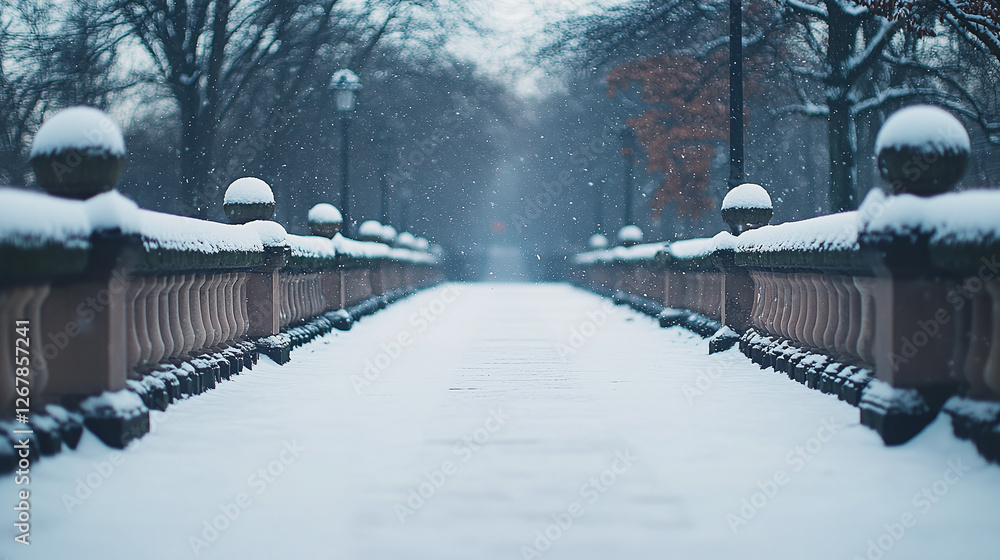 A snowy path surrounded by trees on a cold winter day. The snow is falling on the sidewalk. The pathway extends into the distance. A snowy path surrounded by trees on a cold winter day. The snow is falling on the sidewalk. The pathway extends into the distance.