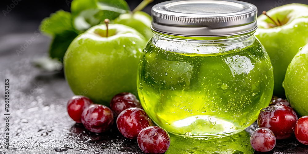 Jar of green apple jelly with fresh apples and red grapes on wet black surface Jar of green apple jelly with fresh apples and red grapes on wet black surface