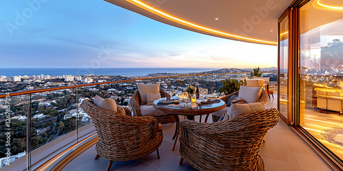 Luxury balcony with wicker chairs and dining table overlooking ocean and city at sunset