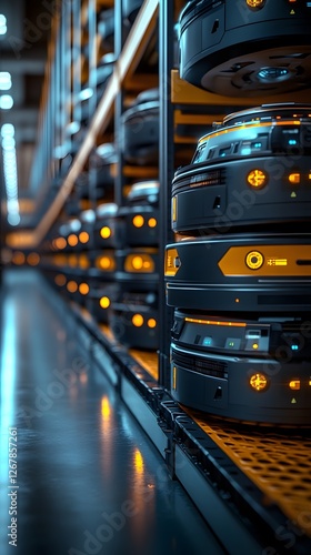 Fully automated warehouse with AI-driven robots, advanced logistics, and Ultra HD VR, showcasing efficiency and order. Ideal for smart logistics, e-commerce, or robotic innovation in warehousing.