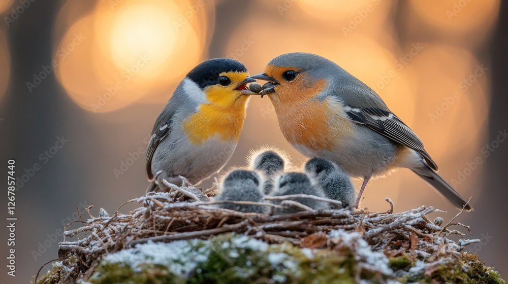 Parent birds feeding chicks in nest at sunrise. Parent birds feeding chicks in nest at sunrise.