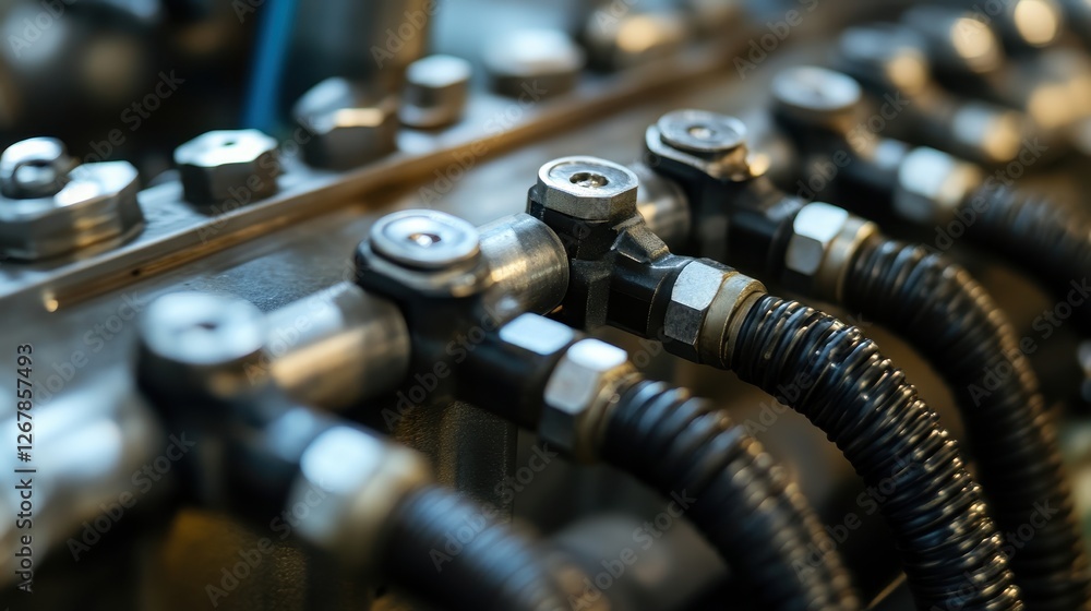 Close-up view of metallic hydraulic pipes and connectors, showcasing intricate details on a machine component in industrial settings. Close-up view of metallic hydraulic pipes and connectors, showcasing intricate details on a machine component in industrial settings.