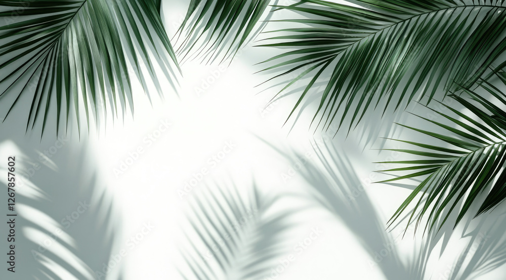 Fototapeta premium Lush green palm leaves cast shadows against a light background, creating a serene atmosphere.