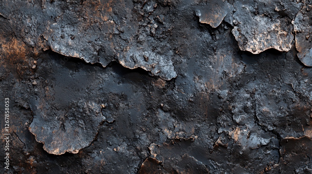 A close-up of a textured surface displaying rough, dark metal with peeling layers and hints of rust, creating a striking industrial aesthetic. A close-up of a textured surface displaying rough, dark metal with peeling layers and hints of rust, creating a striking industrial aesthetic.