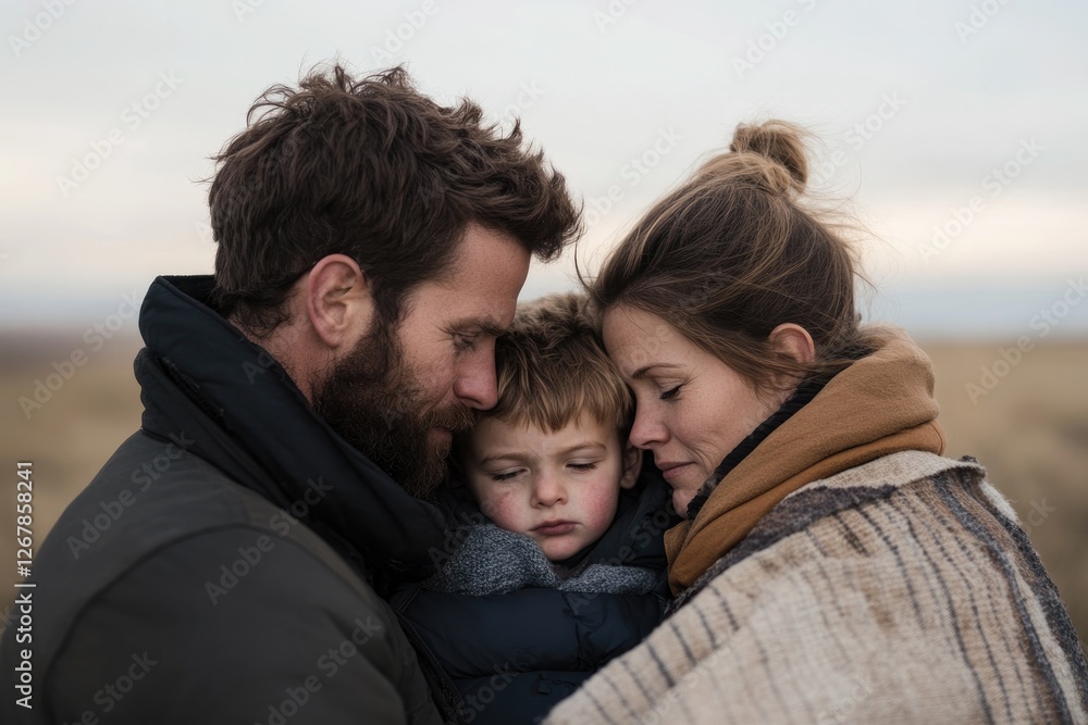 moving portrait of family huddled together on worn-out blanket parents protecting their children from cold with backdrop moving portrait of family huddled together on worn-out blanket parents protecting their children from cold with backdrop