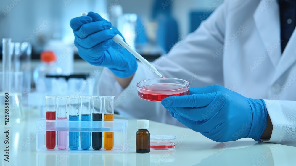 Scientist adds a sample to petri dish in laboratory Scientist adds a sample to petri dish in laboratory