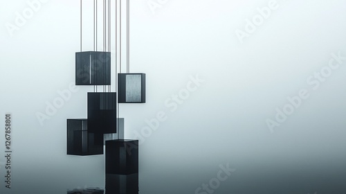 Suspended black cubes against a white background.