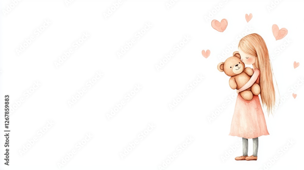 Young girl finds comfort and joy in a warm embrace with her beloved teddy bear Young girl finds comfort and joy in a warm embrace with her beloved teddy bear