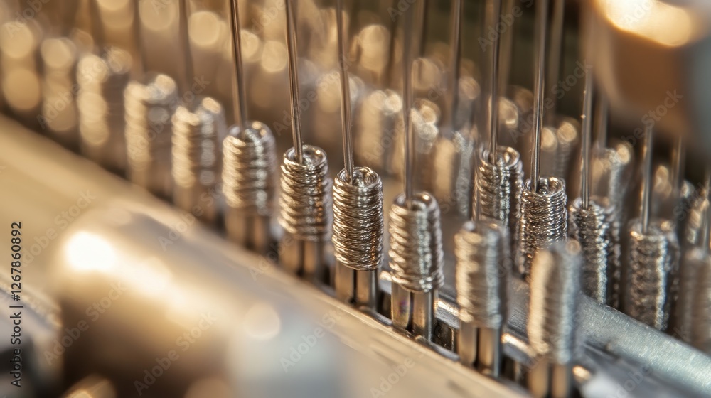Close-up of metallic sewing machine needles with intricate threading, showcasing the precision and craftsmanship involved in textile creation. Close-up of metallic sewing machine needles with intricate threading, showcasing the precision and craftsmanship involved in textile creation.